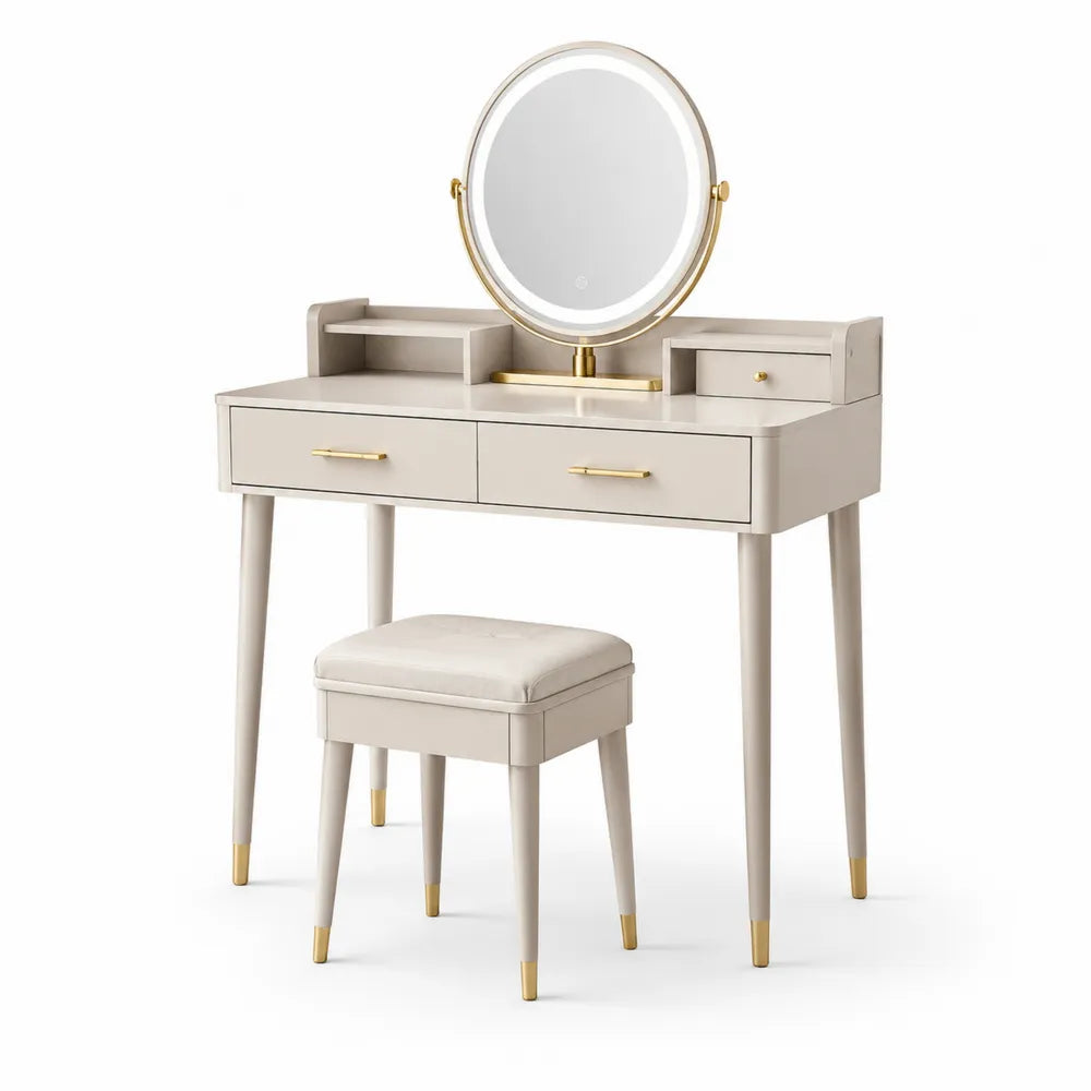 Schminktisch Set 100 x 45 x 75 cm mit rundem Spiegel LED Hocker MDF Cremeweiß Gold Metallbeine Schubladen