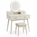 Schminktisch Set 100 x 45 x 135 cm mit LED Rundspiegel und Hocker Beige Weiß Gold MDF rechteckig