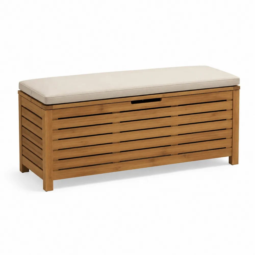 Gartenbank mit Stauraum Sitzbank Holz mit Polster Holzlatten Design Naturholz Beige rechteckig ca. 100 x 40 x 45 cm