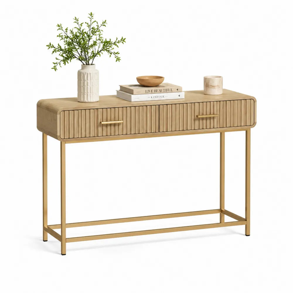 Konsolentisch 120 x 35 x 80 cm Holz Eichenoptik Naturholz Gold Metallgestell mit 2 Schubladen
