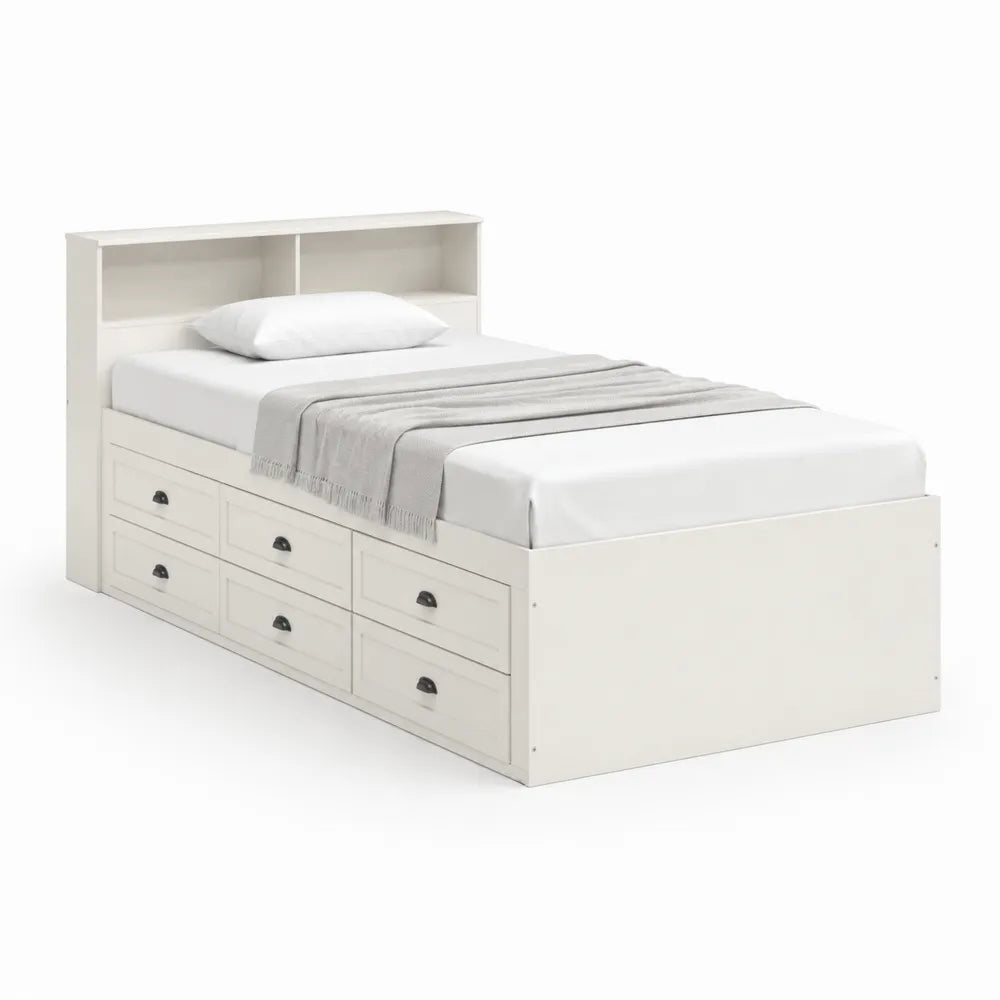 Stauraumbett 90 x 200 cm Bettgestell mit Schubladen und Kopfteil Regal MDF Spanplatte Weiß rechteckig