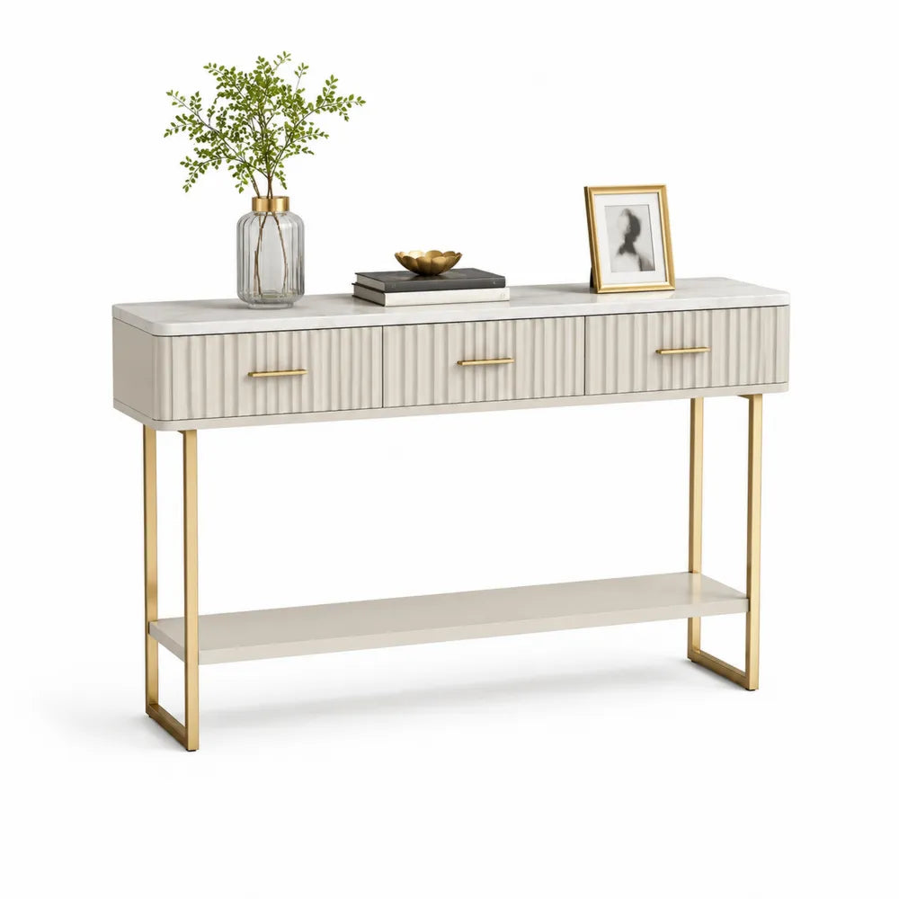 Konsolentisch 120 cm x 35 cm x 80 cm MDF Steinoptik Cremeweiß Gold Metallgestell mit drei Schubladen und offenem Ablageboden rechteckig