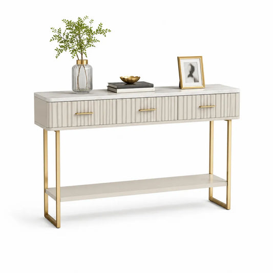 Konsolentisch 120 cm x 35 cm x 80 cm MDF Steinoptik Cremeweiß Gold Metallgestell mit drei Schubladen und offenem Ablageboden rechteckig