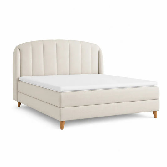 Polsterbett 180 x 200 cm Bettgestell gepolstertes Kopfteil vertikal gesteppt Stoff Beige Holzfüße rechteckig