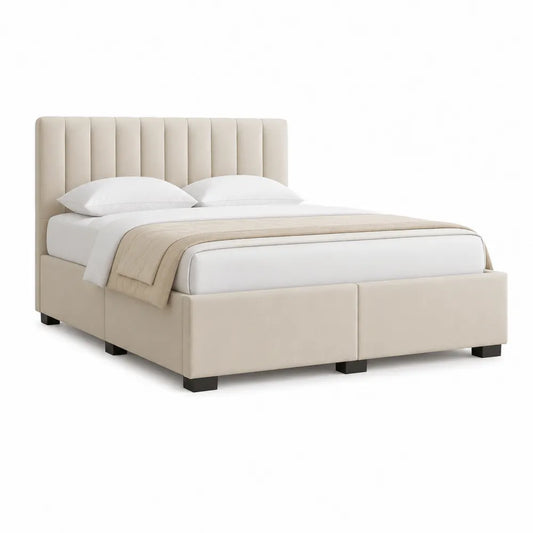 Polsterbett 180 x 200 cm Bettgestell mit vertikal gestepptem Kopfteil Beige Stoff MDF Rahmen Schwarz Blockfüße rechteck Bett