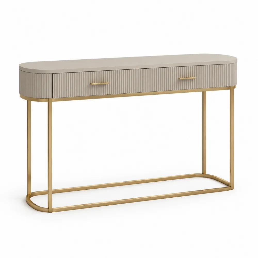 Konsolentisch 120 x 35 x 80 cm MDF Beige gerillte Front oval Tischplatte Metallgestell Gold mit 2 Schubladen