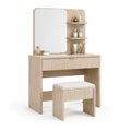 Schminktisch mit Spiegel und Hocker rechteckig Naturholzoptik MDF Holzwerkstoff 1 Schublade offene Regalfächer