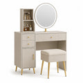 Schminktisch Set 100 x 40 x 140 cm mit LED Rundspiegel und Hocker Beige Weiß Gold MDF rechteckig