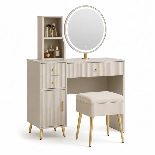 Schminktisch Set 100 x 40 x 140 cm mit LED Rundspiegel und Hocker Beige Weiß Gold MDF rechteckig