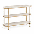 Konsolentisch 120 x 35 x 80 cm mit 3 Ablageböden Keramik Marmoroptik Stahlgestell Goldfarben oval Weiß Beige