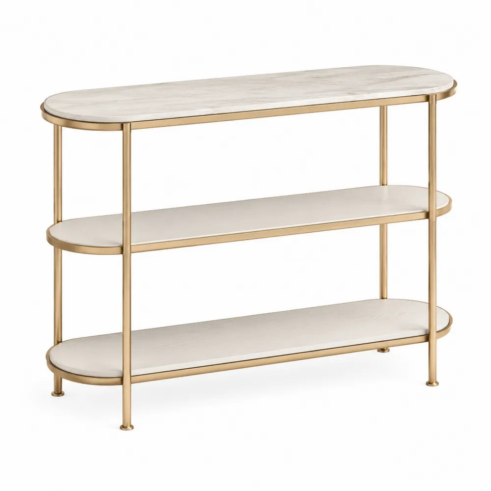 Konsolentisch 120 x 35 x 80 cm mit 3 Ablageböden Keramik Marmoroptik Stahlgestell Goldfarben oval Weiß Beige